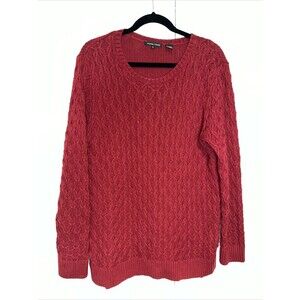 Jeanne Pierre Womens Sweater XL Crew Neck Cable Knit Red Cotton Preppy Classic